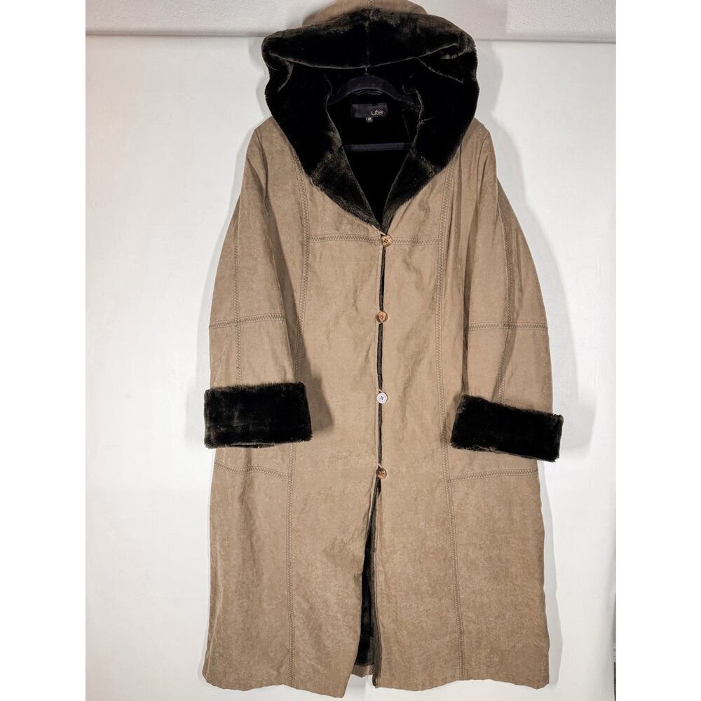 Vintage Utex Faux Fur Brown Overcoat Hooded Cuff Size XL Long Lined 90s